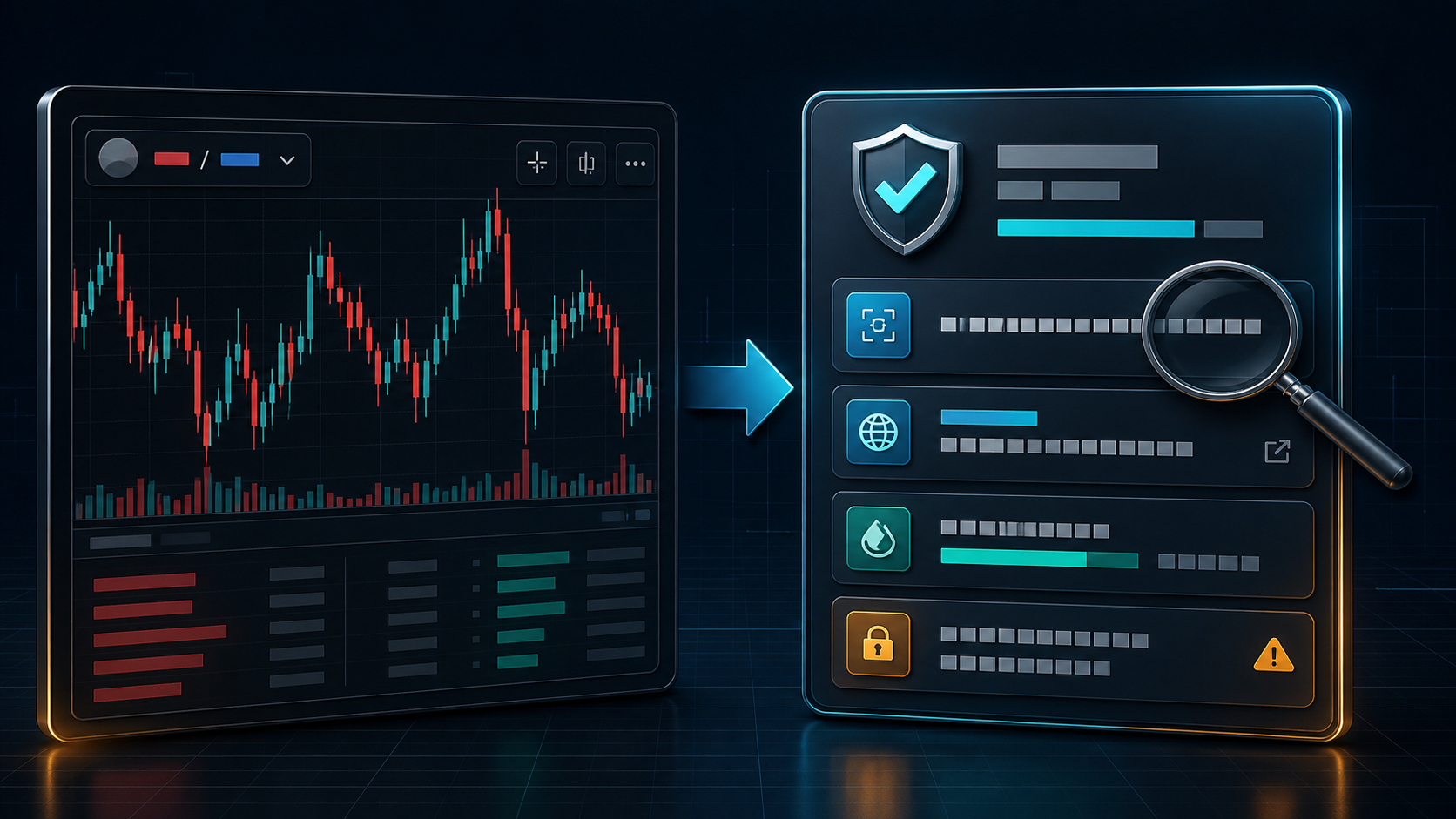 A price chart leading to a token verification panel for identity, source, liquidity, and controls